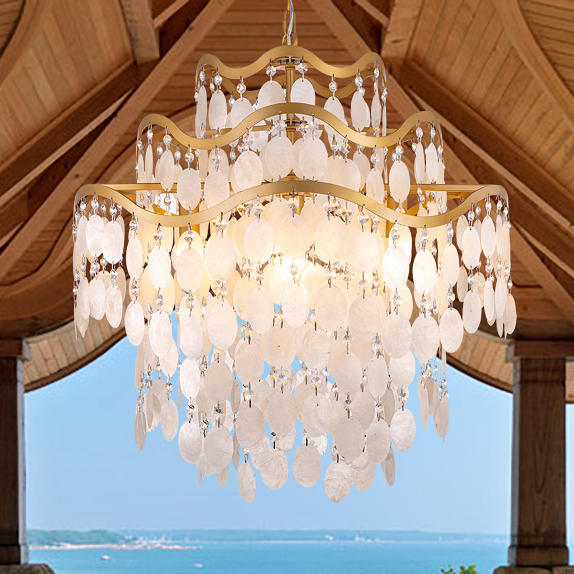 TOCHIC Capiz Shell Chandelier, 6 Lights Gold Coastal Chandeliers